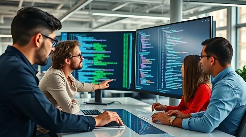 A diverse team of software engineers and QA specialists collaboratively reviewing code on large screens in a modern, open-plan office. They are pointing at lines of code and engaging in discussion, with a sense of shared purpose and focus. Photorealistic, professional photography, 8K, cinematic lighting, sharp focus on the team's interaction, depth of field blurring the office background, shot on a high-end DSLR.