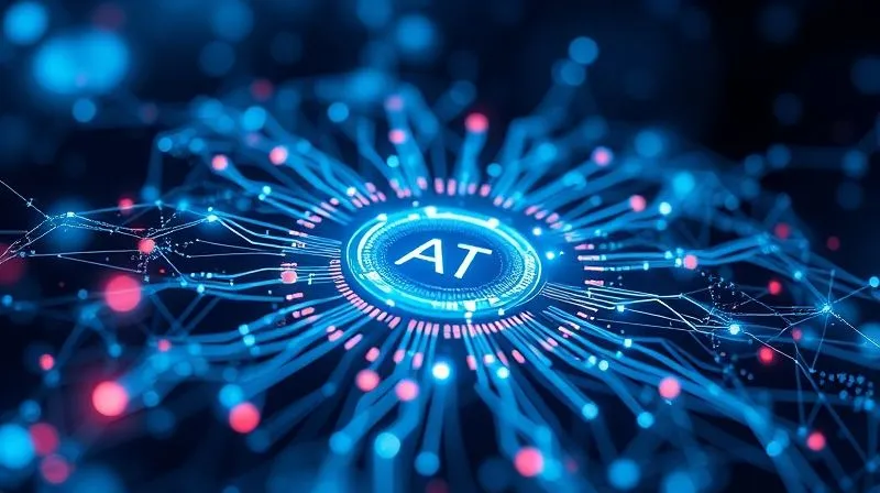 An abstract visualization of AI algorithms analyzing code for defects, with data streams flowing around a glowing central core representing the software system. The data is represented as complex, interconnected lines and nodes, highlighting predictive analytics in action. Photorealistic, professional photography, 8K, cinematic lighting, sharp focus on the central core, depth of field blurring the surrounding data, shot on a high-end DSLR.