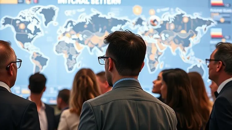 A photorealistic, professional photography of a diverse group of international business professionals looking at a complex digital map projected on a large screen, with various cultural indicators and data points highlighted. Cinematic lighting, sharp focus on the map and their engaged expressions, depth of field blurring the background. 8K hyper-detailed, shot on a high-end DSLR.