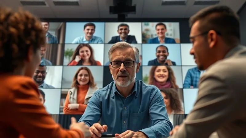 A photorealistic image showing a digital video conference call with participants from diverse cultural backgrounds, each displaying subtle differences in body language and expressions while one person speaks. Cinematic lighting, sharp focus on the main speaker and reactions, depth of field blurring the virtual background. 8K hyper-detailed, shot on a high-end DSLR.