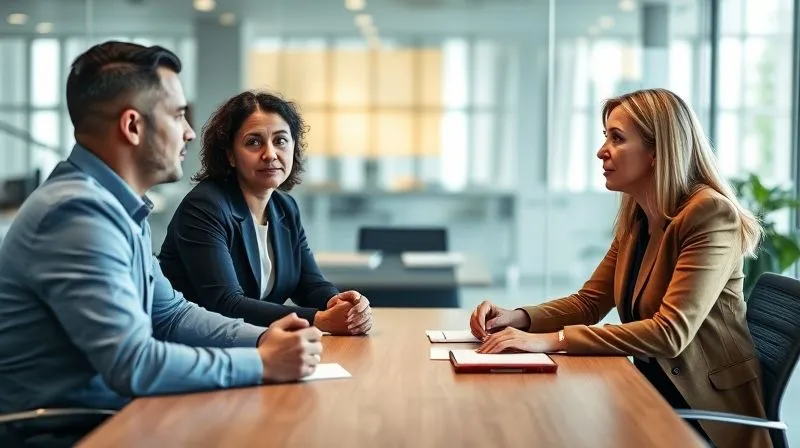 A photorealistic, professional photography of three diverse business professionals engaged in a calm, focused mediation session around a modern conference table. One person is a neutral facilitator, subtly guiding the discussion. Cinematic lighting, sharp focus on their expressions of understanding, depth of field blurring the background. 8K hyper-detailed, shot on a high-end DSLR.
