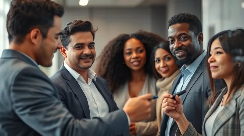 A photorealistic, professional photography of a diverse group of international business leaders collaboratively writing on a transparent whiteboard, brainstorming ideas for continuous improvement and cultural learning. Cinematic lighting, sharp focus on their engaged faces and the whiteboard, depth of field blurring a modern office background. 8K hyper-detailed, shot on a high-end DSLR.