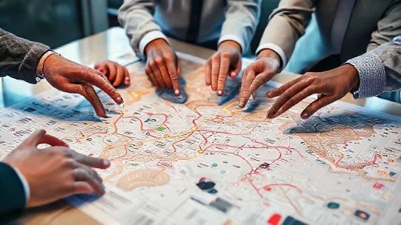 A photorealistic, professional photography, 8K, cinematic lighting, sharp focus, depth of field, shot on a high-end DSLR, showing an intricate, colorful customer journey map laid out on a modern office table, with hands (diverse, professional) pointing to various touchpoints and potential pain points, signifying collaborative problem-solving. The map is dynamic, with subtle glowing lines indicating flow and friction points. The overall mood is analytical and forward-thinking.