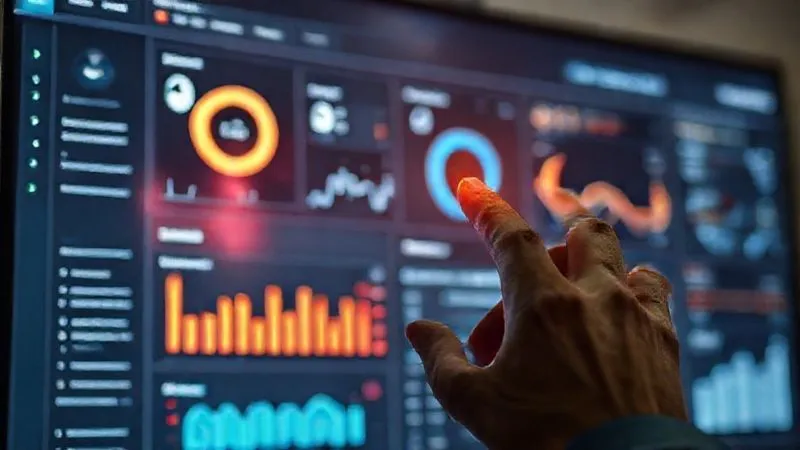 A photorealistic, professional photography, 8K, cinematic lighting, sharp focus, depth of field, shot on a high-end DSLR, depicting a sophisticated AI-powered customer service dashboard. The screen displays real-time data visualizations: sentiment analysis charts, customer churn risk scores, and predictive issue alerts, all in a clean, minimalist UI. A hand is subtly gesturing towards a highlighted alert, indicating proactive action. The overall mood is intelligent and efficient.