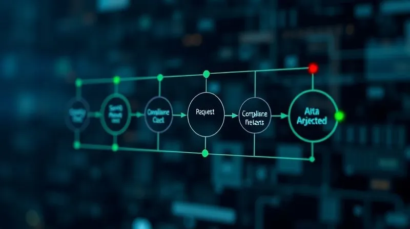A photorealistic, professional photography, 8K, cinematic lighting, sharp focus, depth of field. A sophisticated digital workflow diagram showing a series of interconnected nodes, each representing a stage in a software approval process: 'Request', 'Security Review', 'Compliance Check', 'Integration Test', leading to a final 'Approved' or 'Rejected' node. Green and red lights indicate status, with data flowing securely between stages, symbolizing a robust vetting funnel. A photorealistic, professional photography, 8K, cinematic lighting, sharp focus, depth of field. A sophisticated digital workflow diagram showing a series of interconnected nodes, each representing a stage in a software approval process: 'Request', 'Security Review', 'Compliance Check', 'Integration Test', leading to a final 'Approved' or 'Rejected' node. Green and red lights indicate status, with data flowing securely between stages, symbolizing a robust vetting funnel.