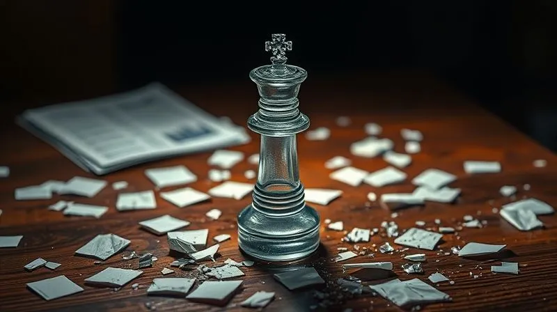 A photorealistic image depicting a shattered glass board game piece (like a chess king) on a wooden board, surrounded by fragmented pieces of paper representing legal documents and stock certificates. The background is dimly lit, with a spotlight on the broken piece, symbolizing the risks and ramifications of corporate governance failures. Professional photography, 8K, cinematic lighting, sharp focus, depth of field, shot on a high-end DSLR.
