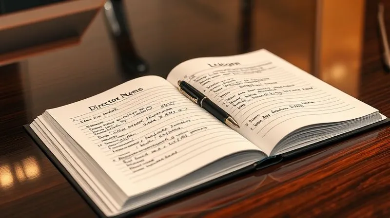 A photorealistic image of a polished, open ledger book on a boardroom table, with a pen resting beside it. The pages are filled with neat, handwritten entries under headings like 'Director Name', 'Interest Declared', 'Date'. A soft, warm light illuminates the book, symbolizing transparency and meticulous record-keeping. Professional photography, 8K, cinematic lighting, sharp focus, depth of field, shot on a high-end DSLR.