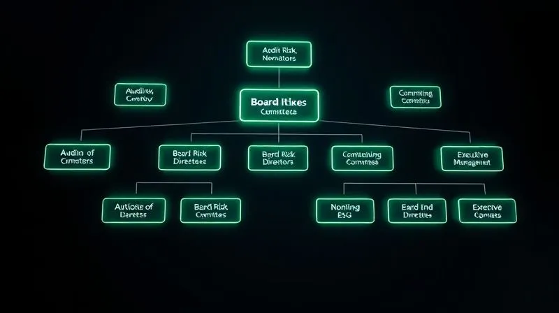 A photorealistic 3D organizational chart, elegantly designed, showing interconnected nodes representing board committees (Audit, Risk, Nominating, ESG) with lines flowing to a central 'Board of Directors' node, and descending to 'Executive Management'. The chart is glowing subtly with green and blue hues, symbolizing sustainability and transparency. Professional photography, 8K, cinematic lighting, sharp focus, depth of field, shot on a high-end DSLR.