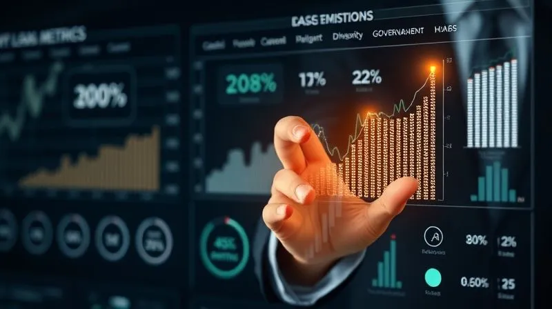 A photorealistic image of a futuristic, transparent digital dashboard displaying complex ESG metrics like carbon emissions trends, diversity percentages, and governance scores, all rendered in crisp, glowing data points. A human hand, in a business suit, is interactively touching a holographic graph, symbolizing data verification and transparency. Professional photography, 8K, cinematic lighting, sharp focus, depth of field, shot on a high-end DSLR.