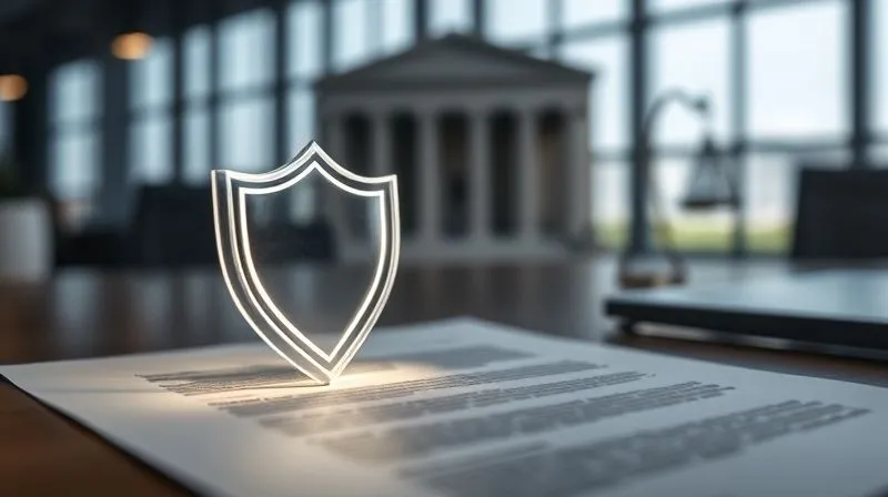 A photorealistic image of a stylized, transparent shield icon casting a protective glow over a legal document with blurred text, symbolizing legal protection and indemnification for directors. In the background, a subtly blurred image of a modern courthouse or corporate legal office. Professional photography, 8K, cinematic lighting, sharp focus, depth of field, shot on a high-end DSLR.