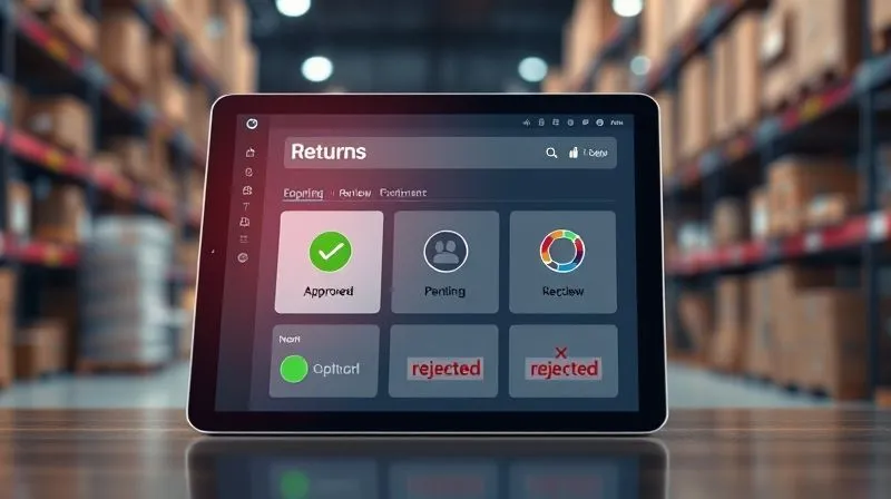 A photorealistic image of a sleek, modern e-commerce returns dashboard on a tablet, showing different stages of return processing (approved, pending review, rejected) with a green checkmark for approved, a magnifying glass for pending, and a red X for rejected. Cinematic lighting, sharp focus on the tablet screen, depth of field blurring a logistics center background. 8K hyper-detailed, professional photography, shot on a high-end DSLR. A photorealistic image of a sleek, modern e-commerce returns dashboard on a tablet, showing different stages of return processing (approved, pending review, rejected) with a green checkmark for approved, a magnifying glass for pending, and a red X for rejected. Cinematic lighting, sharp focus on the tablet screen, depth of field blurring a logistics center background. 8K hyper-detailed, professional photography, shot on a high-end DSLR.