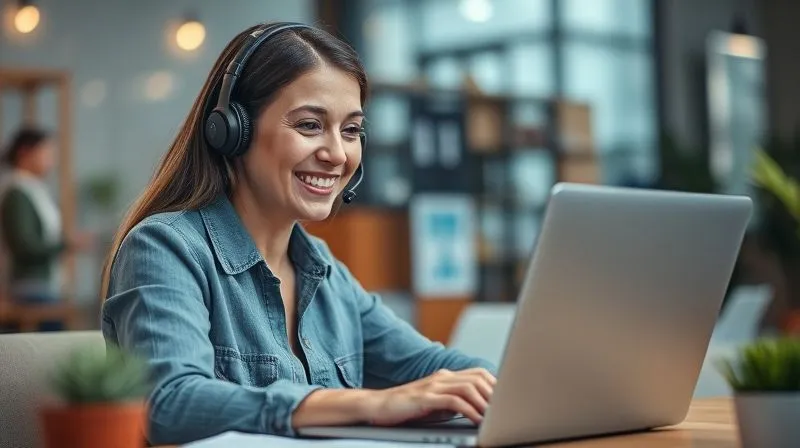 A photorealistic image of a customer service representative genuinely smiling and helping an online customer via headset, with a laptop displaying an e-commerce website. The atmosphere is calm and professional, cinematic lighting, sharp focus on the representative's empathetic expression, depth of field blurring the office background. 8K hyper-detailed, professional photography, shot on a high-end DSLR. A photorealistic image of a customer service representative genuinely smiling and helping an online customer via headset, with a laptop displaying an e-commerce website. The atmosphere is calm and professional, cinematic lighting, sharp focus on the representative's empathetic expression, depth of field blurring the office background. 8K hyper-detailed, professional photography, shot on a high-end DSLR.