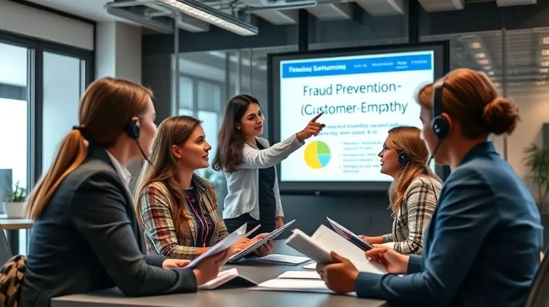 A photorealistic image of a diverse customer service team undergoing training, with a lead trainer pointing to a presentation screen showing "Fraud Prevention & Customer Empathy". The team members are engaged, taking notes, in a modern office setting. Cinematic lighting, sharp focus on the interaction, depth of field blurring the background. 8K hyper-detailed, professional photography, shot on a high-end DSLR. A photorealistic image of a diverse customer service team undergoing training, with a lead trainer pointing to a presentation screen showing "Fraud Prevention & Customer Empathy". The team members are engaged, taking notes, in a modern office setting. Cinematic lighting, sharp focus on the interaction, depth of field blurring the background. 8K hyper-detailed, professional photography, shot on a high-end DSLR.