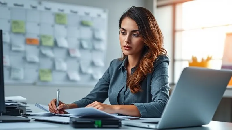 A photorealistic image of a professional woman at her desk, looking focused, surrounded by organized digital documents and a well-structured virtual calendar, with a subtle glow of efficiency. In the background, a chaotic, disorganized calendar is faintly visible, representing the 'before'. Cinematic lighting, sharp focus, depth of field, 8K hyper-detailed, professional photography. A photorealistic image of a professional woman at her desk, looking focused, surrounded by organized digital documents and a well-structured virtual calendar, with a subtle glow of efficiency. In the background, a chaotic, disorganized calendar is faintly visible, representing the 'before'. Cinematic lighting, sharp focus, depth of field, 8K hyper-detailed, professional photography.
