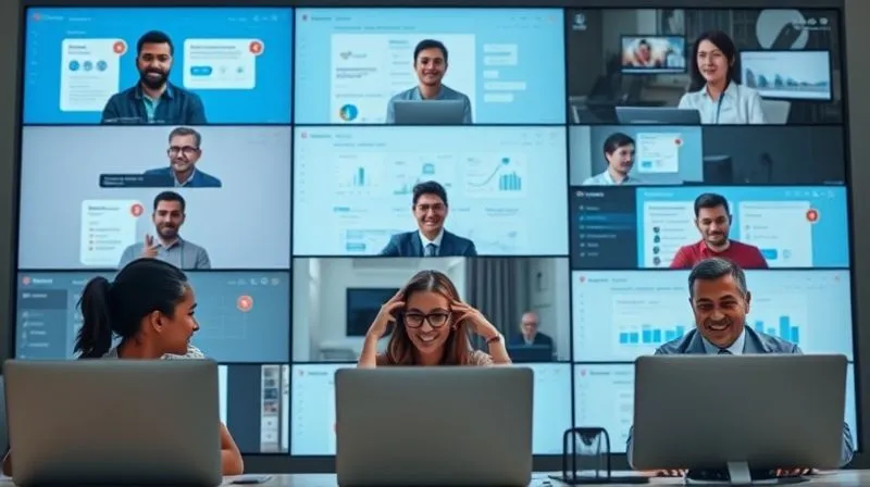 A photorealistic image of a diverse group of remote professionals collaborating seamlessly across multiple digital screens, with chat bubbles, document icons, and project management dashboards visible, all radiating a sense of calm productivity. The overall impression is one of efficient, non-real-time teamwork. Cinematic lighting, sharp focus, depth of field, 8K hyper-detailed, professional photography. A photorealistic image of a diverse group of remote professionals collaborating seamlessly across multiple digital screens, with chat bubbles, document icons, and project management dashboards visible, all radiating a sense of calm productivity. The overall impression is one of efficient, non-real-time teamwork. Cinematic lighting, sharp focus, depth of field, 8K hyper-detailed, professional photography.