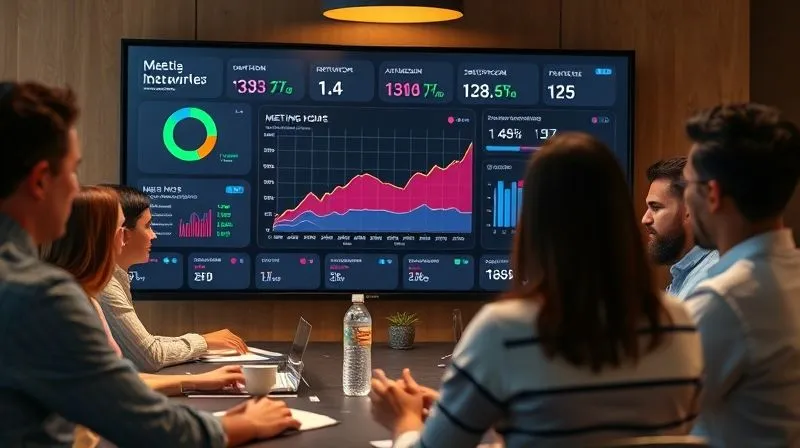 A photorealistic image of a team gathered around a digital dashboard displaying various meeting metrics like duration, attendance, and satisfaction scores, with a line graph trending downwards for 'meeting hours' and upwards for 'productivity'. They are thoughtfully analyzing the data, suggesting continuous improvement. Professional photography, 8K, cinematic lighting, sharp focus, depth of field. A photorealistic image of a team gathered around a digital dashboard displaying various meeting metrics like duration, attendance, and satisfaction scores, with a line graph trending downwards for 'meeting hours' and upwards for 'productivity'. They are thoughtfully analyzing the data, suggesting continuous improvement. Professional photography, 8K, cinematic lighting, sharp focus, depth of field.