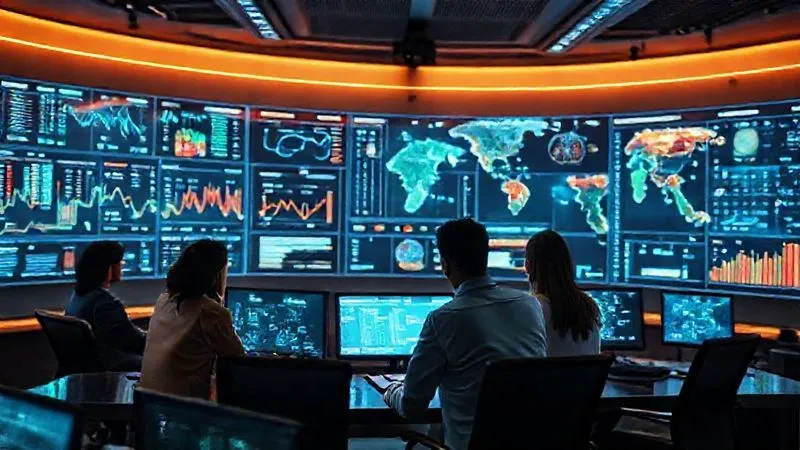 A photorealistic, professional photography, 8K, cinematic lighting, sharp focus, depth of field, shot on a high-end DSLR image of a futuristic control room with multiple holographic screens displaying real-time supply chain data, predictive analytics models, and risk heatmaps. A diverse team of professionals is actively monitoring and interacting with the data, symbolizing technological mastery over complex logistics.