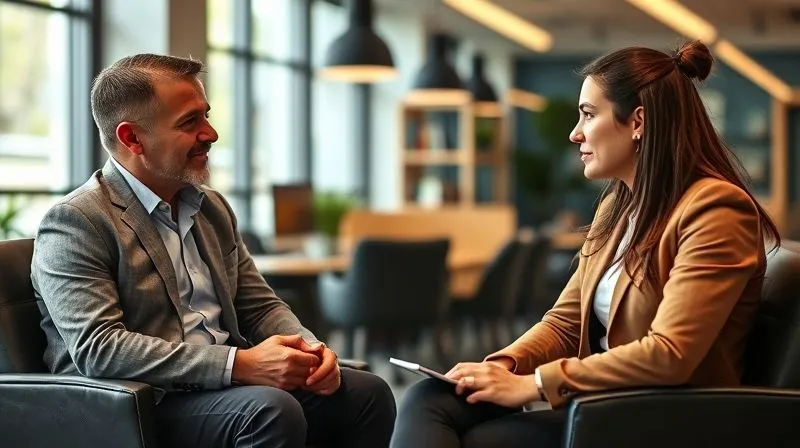 A photorealistic image depicting a franchise business consultant (FBC) having a genuine, empathetic conversation with a franchisee in a modern office setting. They are sitting opposite each other, making eye contact, with open body language. The FBC is actively listening, perhaps taking notes. The franchisee looks engaged and comfortable. Professional photography, 8K, cinematic lighting, sharp focus on their faces, depth of field blurring the background, shot on a high-end DSLR.