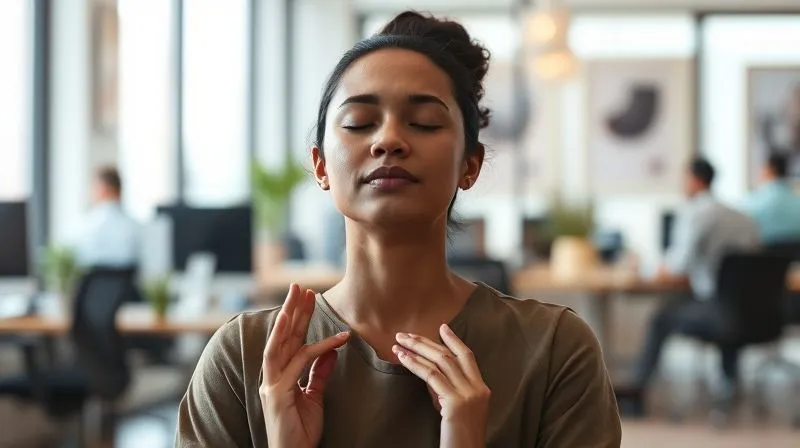 A photorealistic image of a person meditating or practicing mindfulness in a calm, professional office environment. Their eyes are closed, hands gently resting, with a soft, diffused light around them. The background subtly suggests a busy workspace, but the foreground emphasizes a moment of peace and self-care. Professional photography, 8K, cinematic lighting, sharp focus on the person, depth of field blurring the background, shot on a high-end DSLR.