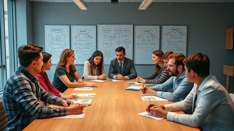 A photorealistic image of a diverse group of franchisees and franchisor representatives engaged in a collaborative brainstorming session around a large table. Whiteboards with ideas are visible in the background. The atmosphere is energetic and inclusive, with everyone contributing. Professional photography, 8K, cinematic lighting, sharp focus on the group interaction, depth of field blurring the background, shot on a high-end DSLR.