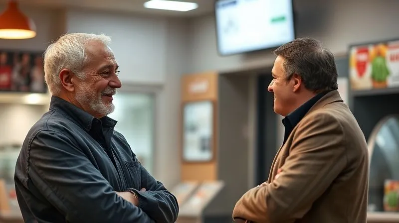 A photorealistic image of a franchisor CEO or leader engaging in a respectful, attentive conversation with a franchisee during a site visit to a franchise location. The leader is listening intently, showing genuine interest and empathy. The setting is a clean, well-lit franchise unit. Professional photography, 8K, cinematic lighting, sharp focus on their interaction, depth of field blurring the background, shot on a high-end DSLR.