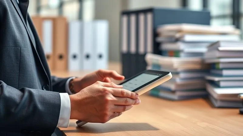 A photorealistic image of a legal professional meticulously organizing digital files on a tablet, with physical folders neatly stacked on a desk in the background, representing data inventory and mapping, soft office lighting, sharp focus on the tablet, depth of field blurring the background, 8K hyper-detailed, professional photography.