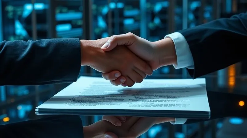 A photorealistic image of two hands, one representing a small law firm and the other a technology vendor, shaking hands over a contract that subtly shows data privacy clauses, against a backdrop of secure digital infrastructure, cinematic lighting, sharp focus on the hands and contract, depth of field blurring the tech background, 8K hyper-detailed, professional photography.