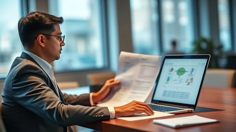 A photorealistic image of a focused professional, possibly a legal consultant or DPO, reviewing compliance documents on a desk with a laptop displaying data flow diagrams, in a modern, well-lit office, cinematic lighting, sharp focus on the professional and documents, depth of field blurring the background, 8K hyper-detailed, professional photography.
