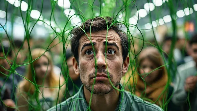 photorealistic, professional photography, 8K, cinematic lighting, sharp focus, depth of field, shot on a high-end DSLR, a confused person looking at a tangle of green strings and vague corporate logos, symbolizing the complexity and misleading nature of greenwashing claims, with a backdrop of skeptical consumers.
