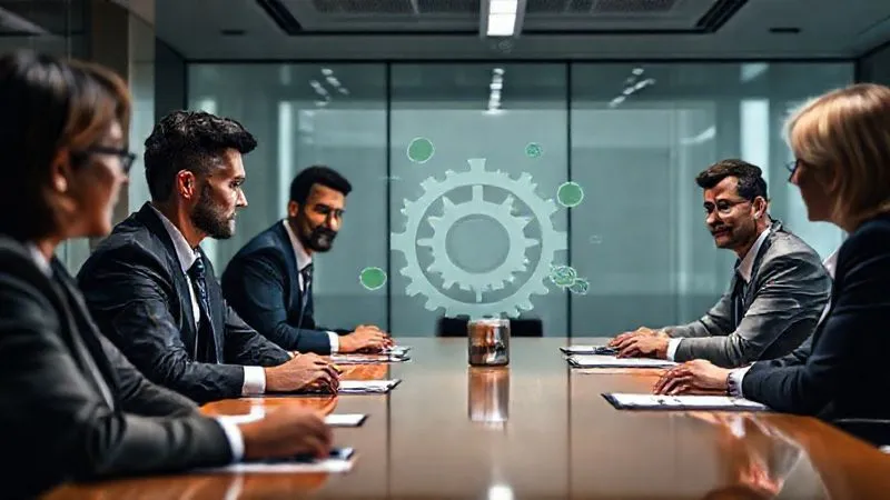 photorealistic, professional photography, 8K, cinematic lighting, sharp focus, depth of field, shot on a high-end DSLR, a diverse group of executives in a modern boardroom, intently discussing a complex diagram showing interlocking gears and environmental symbols, representing integrated CSR governance at the highest level.