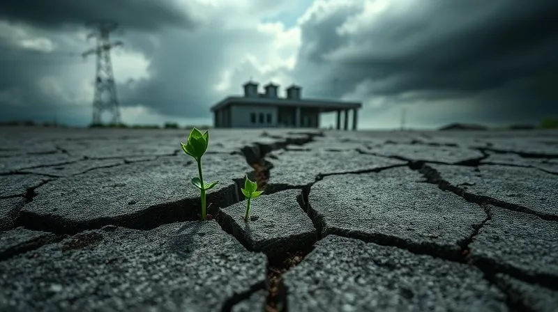 Photorealistic, professional photography, 8K, cinematic lighting, sharp focus, depth of field, shot on a high-end DSLR. A cracked concrete foundation, with fragile, artificial green sprouts attempting to grow through the fissures, symbolizing the instability and damage caused by inauthentic green claims. In the background, a storm cloud gathers, hinting at looming consequences. The image should evoke a sense of vulnerability and impending crisis.