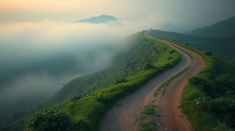 Photorealistic, professional photography, 8K, cinematic lighting, sharp focus, depth of field, shot on a high-end DSLR. A winding, illuminated path stretching into the distance through a lush, evolving landscape, symbolizing continuous improvement and adaptation in CSR. Fog partially obscures the far distance, representing future challenges, but the path ahead is clear. The scene should evoke a sense of journey, growth, and forward momentum.