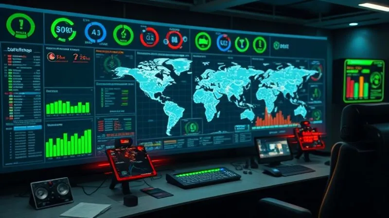 photorealistic, professional photography, 8K, cinematic lighting, sharp focus, depth of field, shot on a high-end DSLR. A futuristic control room dashboard displaying complex data visualizations of a global supply chain, with green indicators for compliance and red alerts highlighting potential risk areas. Holographic elements show worker feedback channels and real-time tracking, symbolizing technology's role in transparency.