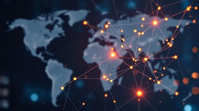 photorealistic, professional photography, 8K, cinematic lighting, sharp focus, depth of field, shot on a high-end DSLR. A stylized, abstract representation of interconnected data points forming a neural network or a complex web, with glowing lines highlighting pathways of information. The background is a blurred image of a global map, signifying data's role in understanding worldwide supply chain risks. The mood is analytical and forward-thinking.