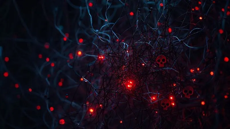A tangled web of digital strings symbolizing complexity and deception, with red warning signs and subtle skull icons embedded within the digital noise, photorealistic, professional photography, 8K, cinematic lighting, sharp focus, depth of field, shot on a high-end DSLR. A tangled web of digital strings symbolizing complexity and deception, with red warning signs and subtle skull icons embedded within the digital noise, photorealistic, professional photography, 8K, cinematic lighting, sharp focus, depth of field, shot on a high-end DSLR.