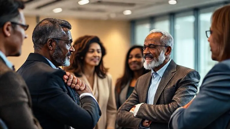 Photorealistic, professional photography, 8K, cinematic lighting, sharp focus, depth of field. A diverse group of leaders in a modern, well-lit conference room, engaged in a supportive, empathetic discussion. One leader is actively listening to another, with a hand gently placed on their shoulder, conveying mutual support and shared burden. The atmosphere is one of trust and collaboration.