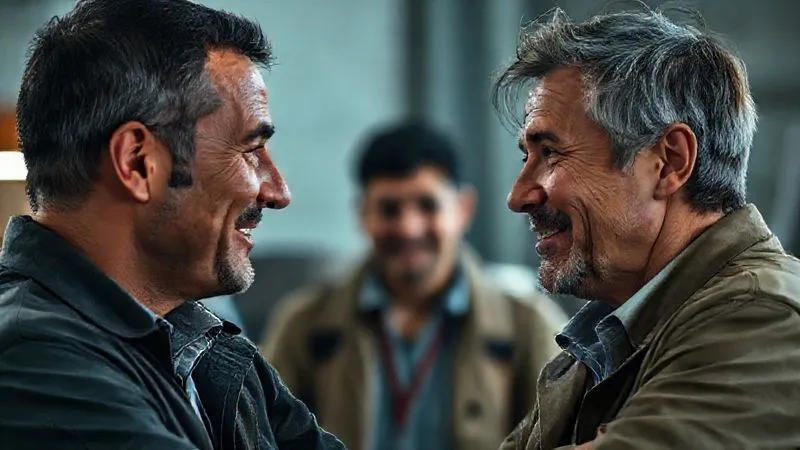A photorealistic, professional photograph of a compassionate leader making eye contact with a team member in a moment of shared vulnerability during a crisis. The leader's expression is empathetic and understanding, with a slight, reassuring smile. The background shows a subtly challenging environment, but the focus is on the human connection. Shot on a high-end DSLR, 8K, cinematic lighting, sharp focus on their faces.