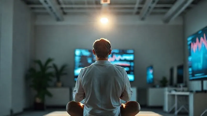 Photorealistic, professional photography, 8K, cinematic lighting, sharp focus, depth of field. A leader meditating or practicing mindfulness in a serene, minimalist office space, a single ray of sunlight cutting through. In the background, subtly blurred, are digital screens showing crisis-related data, symbolizing the deliberate act of disengagement for mental restoration amidst demands.