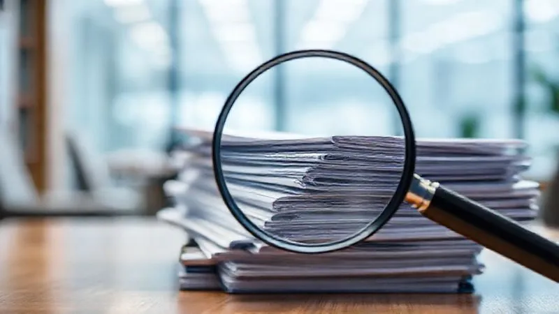 Photorealistic, professional photography, 8K, cinematic lighting, sharp focus, depth of field. A magnifying glass hovering over a stack of diverse legal documents and policy binders, with a blurred background of a modern office, symbolizing meticulous review and auditing of complex paperwork. The image conveys diligence and attention to detail, with cool, analytical lighting.