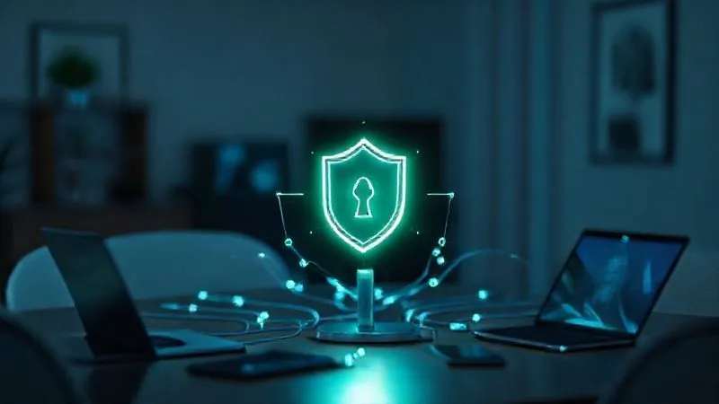 Photorealistic, professional photography, 8K, cinematic lighting, sharp focus, depth of field. A glowing digital shield icon protecting a network of interconnected devices (laptops, tablets, smartphones) within a modern, minimalist home office setting. The lighting emphasizes security and protection, with subtle blue and green tones reflecting off the devices. The image conveys robust data security in a remote work environment.