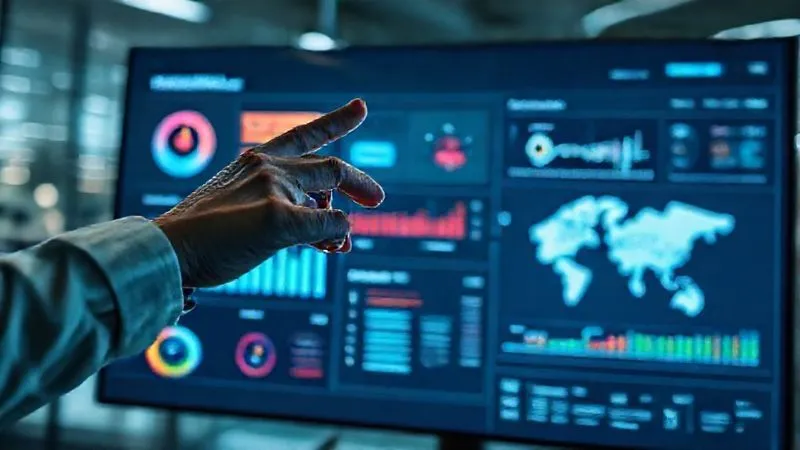 Photorealistic, professional photography, 8K, cinematic lighting, sharp focus, depth of field. A sleek, modern HR software dashboard displayed on a large monitor, with data visualizations, policy compliance trackers, and employee location maps. A hand is interacting with a touchscreen, showing efficiency and technological integration in HR management. The lighting is bright and professional, emphasizing clarity and control.