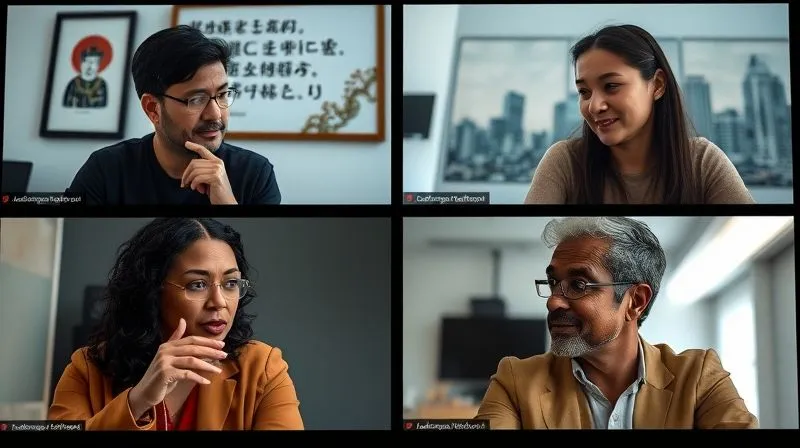 A photorealistic, professional photography, 8K image depicting a diverse group of virtual team members on a video call, each actively listening with expressions of understanding and engagement. One team member gestures subtly, explaining a point, while another nods thoughtfully. The background of each video window shows subtle cues of their respective cultures (e.g., a traditional art piece, a modern city skyline). Cinematic lighting, sharp focus on the faces and expressions, depth of field blurring the individual backgrounds slightly. Emotionally resonant, showing connection and mutual respect.