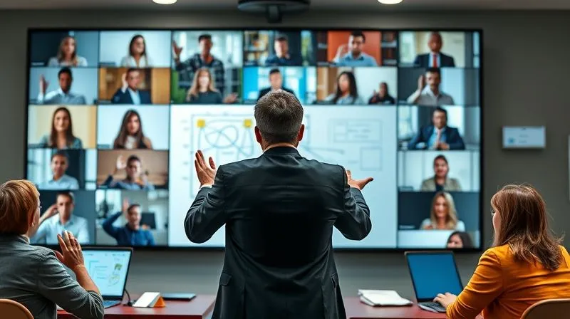 A photorealistic, professional photography, 8K image showing a dynamic virtual meeting screen. The central figure, a diverse professional, is actively facilitating, gesturing towards the screen. Around them, multiple video windows display engaged participants from various cultural backgrounds, some nodding, some raising hands virtually, all with focused expressions. A shared digital whiteboard with collaborative notes and diagrams is visible on the main screen. Cinematic lighting, sharp focus on the facilitator and the meeting interface, depth of field blurring the background of individual video windows. Emotionally resonant, depicting collaborative and inclusive virtual communication.