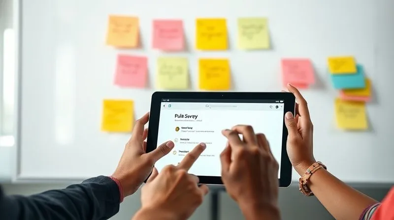 A photorealistic, professional photography, 8K image of a clean, minimalist whiteboard with various sticky notes in different colors, each representing a communication challenge or solution. Hands (diverse, subtle cultural cues) are shown moving or adding sticky notes, suggesting a collaborative problem-solving session. A digital tablet in the foreground displays a pulse survey with positive results. Cinematic lighting, sharp focus on the whiteboard and hands, depth of field blurring a background of a modern, bright virtual office space. Emotionally resonant, showing progress and continuous improvement.