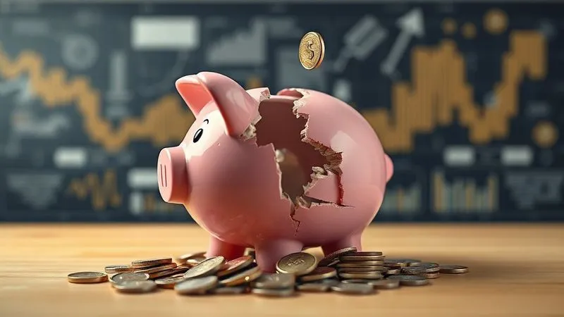 A photorealistic image of a fractured piggy bank, with coins spilling out, set against a blurred background of a complex business diagram. The image conveys financial loss and the breaking of trust. Professional photography, 8K, cinematic lighting, sharp focus on the piggy bank, depth of field blurring the background.