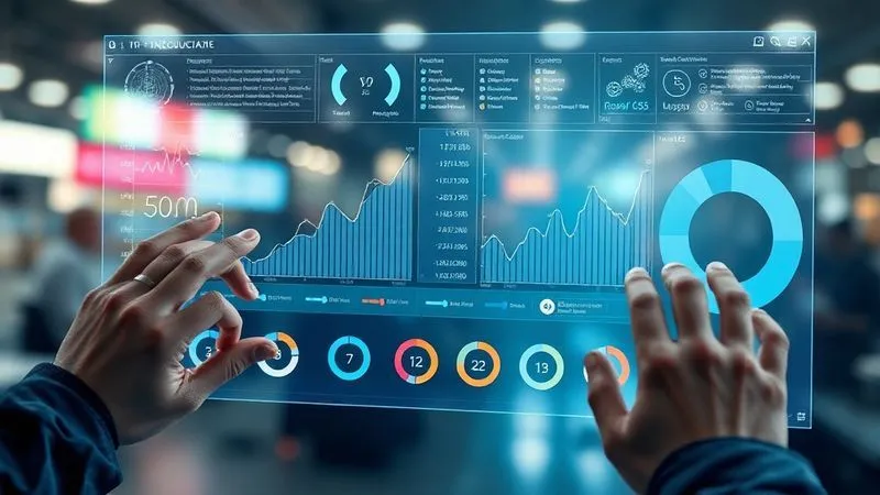 A photorealistic image of a futuristic, transparent dashboard displaying complex business analytics, including growth curves and risk indicators, overlaid on a blurred background of multiple franchise locations. Hands are interacting with the holographic interface. Professional photography, 8K, cinematic lighting, sharp focus on the dashboard, depth of field blurring the background.