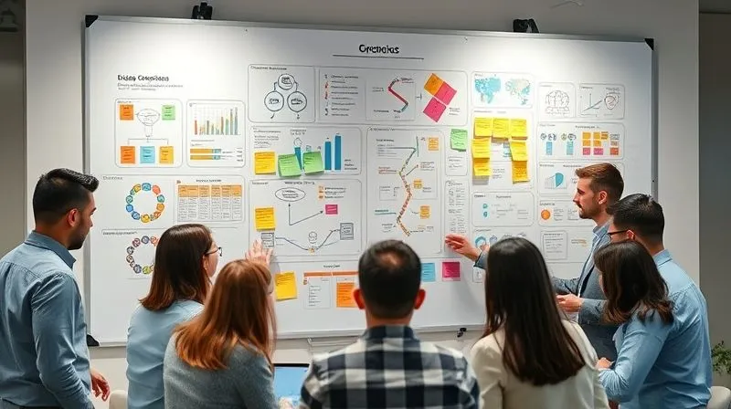 A diverse group of business professionals collaborating around a large whiteboard, covered with sticky notes, flowcharts, and diagrams, depicting complex operational processes. They are actively engaged in discussion, pointing at sections, with laptops open. Photorealistic, professional photography, 8K, cinematic lighting, sharp focus, depth of field, shot on a high-end DSLR. A diverse group of business professionals collaborating around a large whiteboard, covered with sticky notes, flowcharts, and diagrams, depicting complex operational processes. They are actively engaged in discussion, pointing at sections, with laptops open. Photorealistic, professional photography, 8K, cinematic lighting, sharp focus, depth of field, shot on a high-end DSLR.