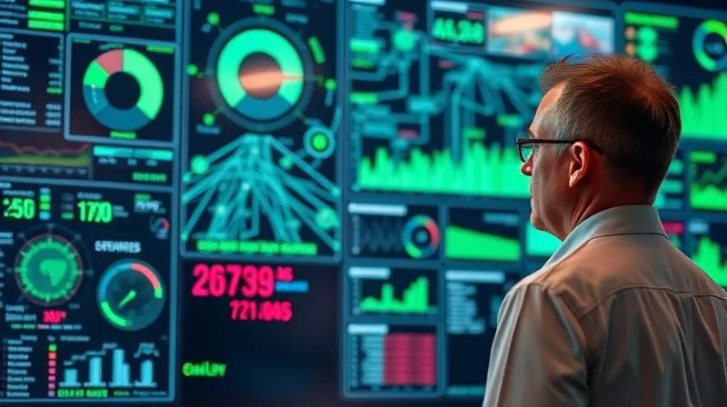 A digital dashboard displaying a complex network of interconnected systems, with various metrics showing green for 'healthy' and a few red indicators highlighting potential issues. A focused operations manager is observing the dashboard intently, contemplating data visualizations. Photorealistic, professional photography, 8K, cinematic lighting, sharp focus on the dashboard, depth of field, shot on a high-end DSLR. A digital dashboard displaying a complex network of interconnected systems, with various metrics showing green for 'healthy' and a few red indicators highlighting potential issues. A focused operations manager is observing the dashboard intently, contemplating data visualizations. Photorealistic, professional photography, 8K, cinematic lighting, sharp focus on the dashboard, depth of field, shot on a high-end DSLR.