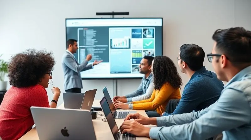 A diverse team of employees actively participating in a training session for a new software system. One trainer is demonstrating on a large screen, while others are engaging with laptops, some with expressions of understanding and collaboration. Photorealistic, professional photography, 8K, cinematic lighting, sharp focus on the group, depth of field, shot on a high-end DSLR. A diverse team of employees actively participating in a training session for a new software system. One trainer is demonstrating on a large screen, while others are engaging with laptops, some with expressions of understanding and collaboration. Photorealistic, professional photography, 8K, cinematic lighting, sharp focus on the group, depth of field, shot on a high-end DSLR.