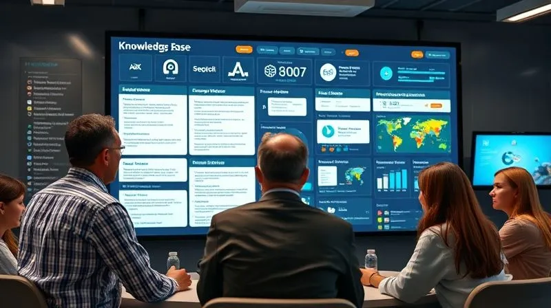 Photorealistic, professional photography, 8K, cinematic lighting, sharp focus, depth of field, shot on a high-end DSLR. A digital dashboard displaying interconnected knowledge base articles, flowcharts, and video tutorials on a large screen, with a diverse team collaborating around it. The scene should convey easy accessibility and shared understanding of complex operational procedures.